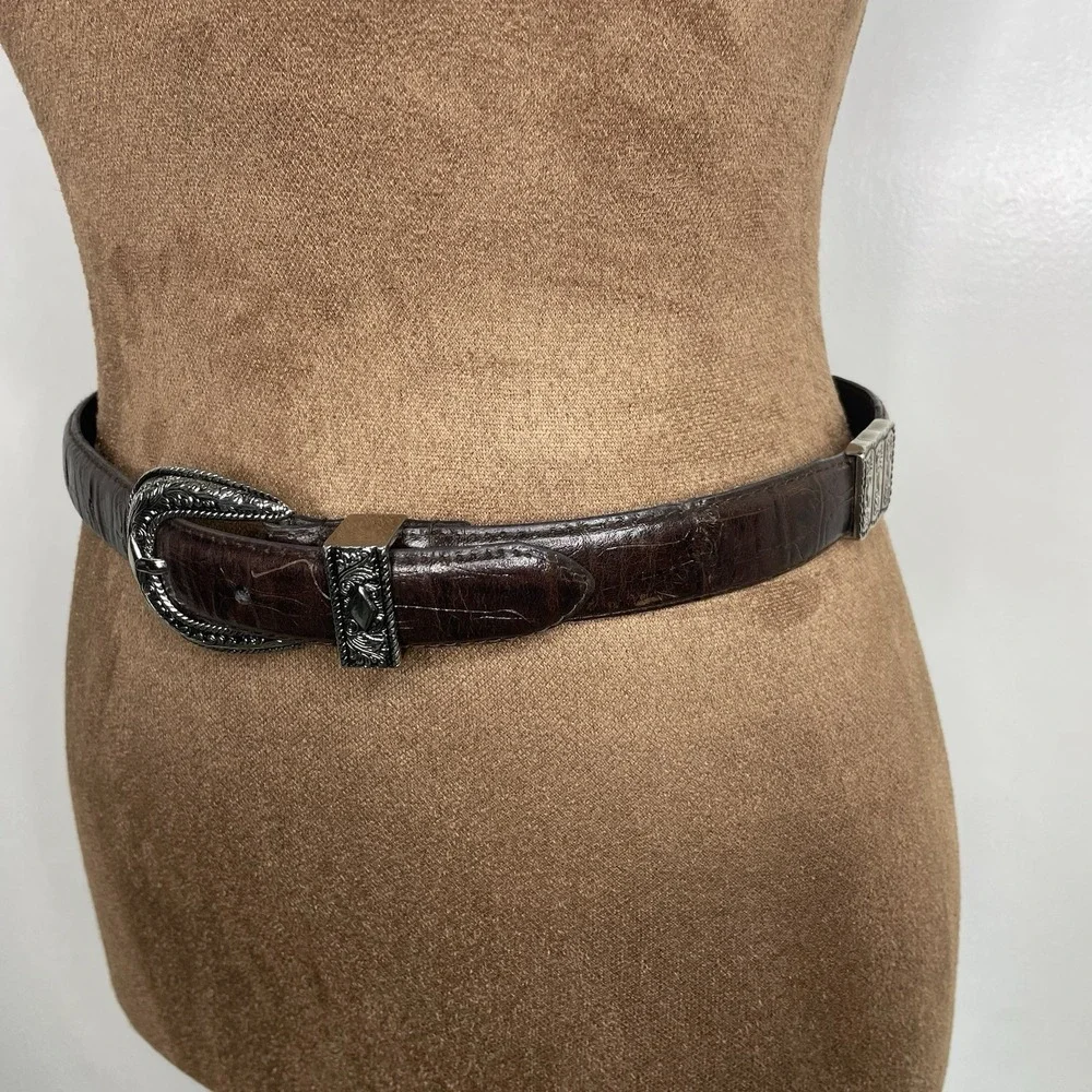 Vtg. 90s-Western-Boho Brown Croc Leather Belt Silver Buckle,Conchos,Womens Small